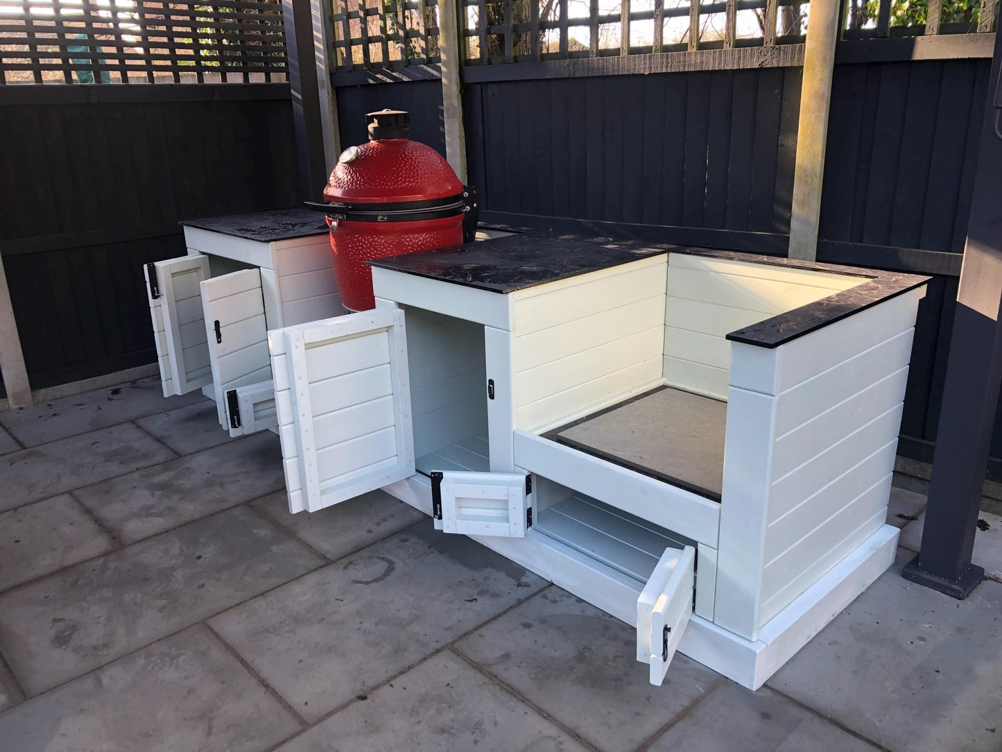 Kamado/ egg table with storage cupboards, wood or compact laminate worktop, outdoor kamado/ egg storage unit with wipeable surface/ worktop.