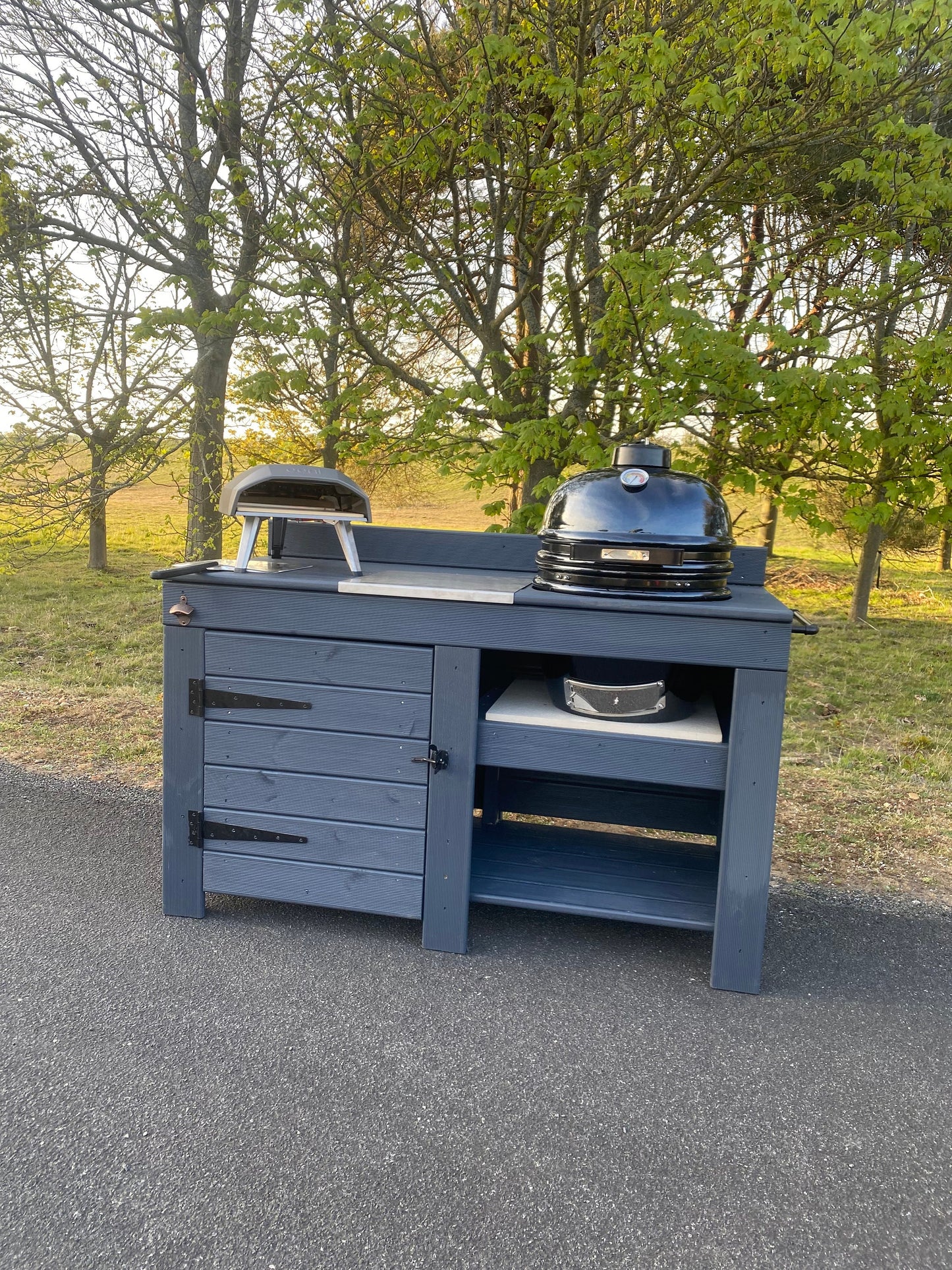 Kamado table with storage, BGE, BBQ and pizza table with storage cupboard, outdoor cooking table