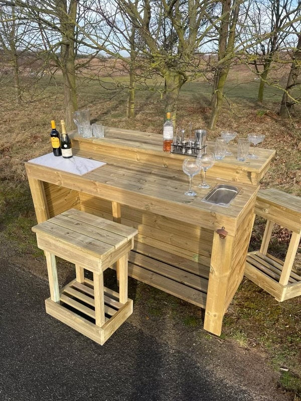 Outdoor cocktail bar, bbq server, drinks bar with stools