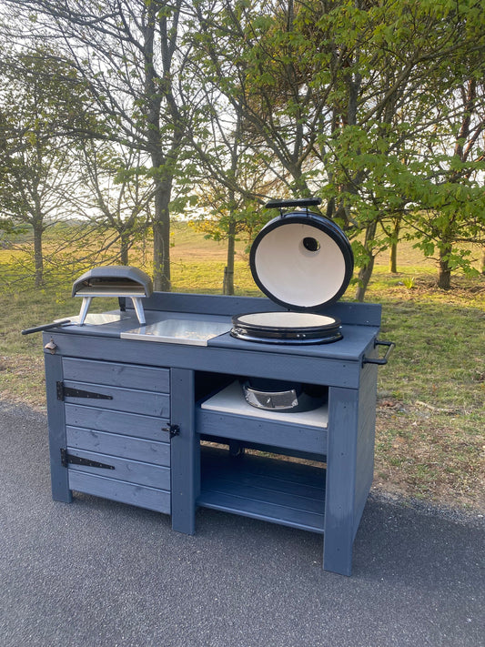 Kamado table with storage, BGE, BBQ and pizza table with storage cupboard, outdoor cooking table