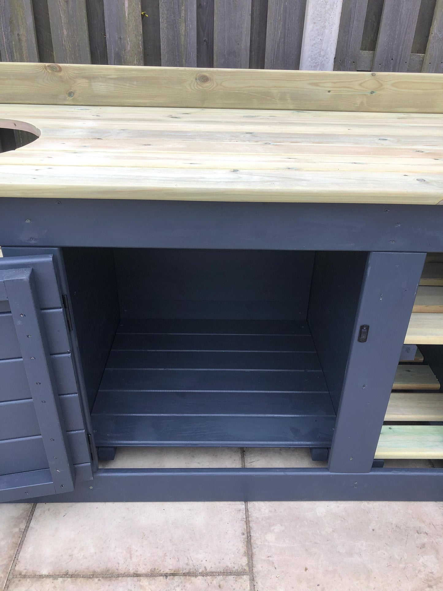 Kamado/ egg table with storage, 2 tone paint, bbq table, kamado, bbq cupboard/ shelf storage unit.