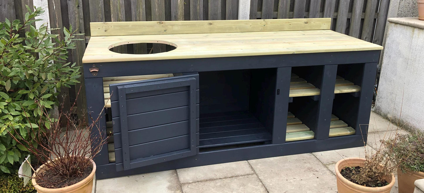 Kamado/ egg table with storage, 2 tone paint, bbq table, kamado, bbq cupboard/ shelf storage unit.