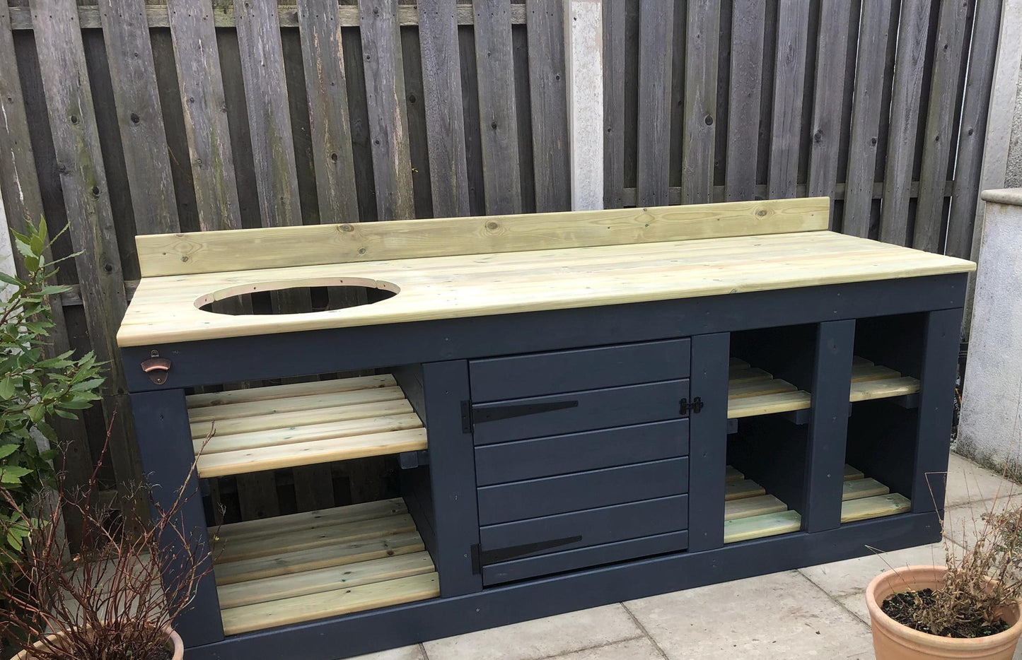 Kamado/ egg table with storage, 2 tone paint, bbq table, kamado, bbq cupboard/ shelf storage unit.