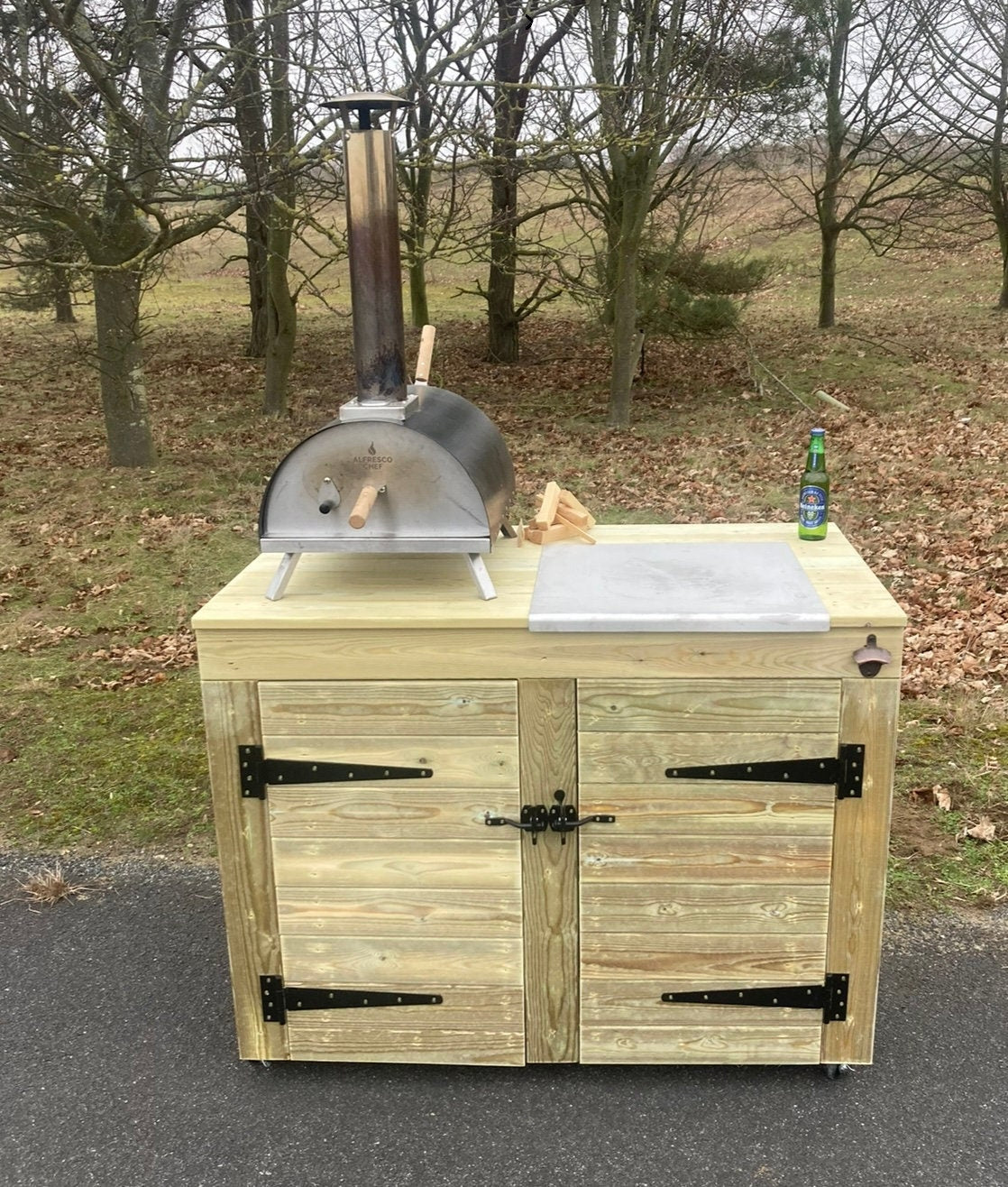 Pizza table with build in storage cupboards / Outdoor drinks bar with built in storage cupboards