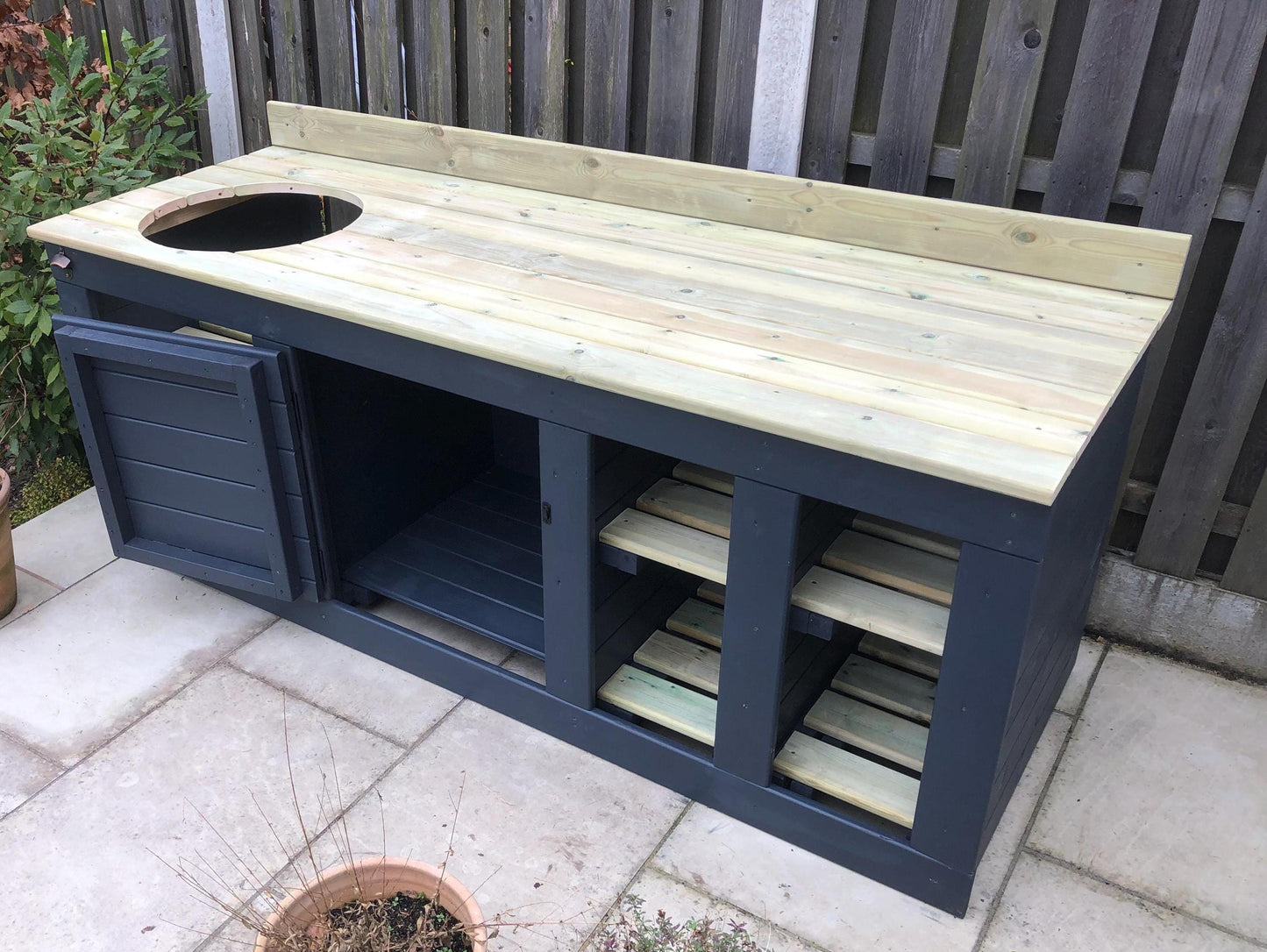 Kamado/ egg table with storage, 2 tone paint, bbq table, kamado, bbq cupboard/ shelf storage unit.