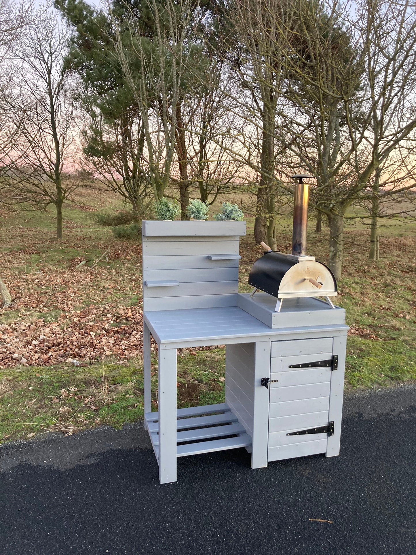 Pizza Table/ Drinks table/ BBQ table with planter top and single cupboard