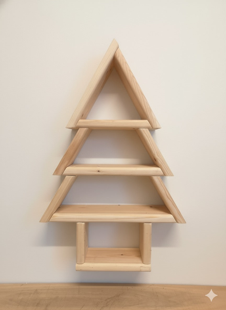 Handmade Wooden Christmas Tree Shelf, Xmas Wall Mounted Rustic Decor, Triangle Tiered Display, Christmas Ornament Holder, Unique Xmas Gift