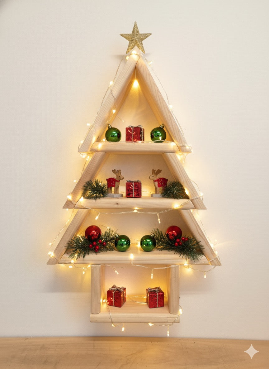 Handmade Wooden Christmas Tree Shelf, Xmas Wall Mounted Rustic Decor, Triangle Tiered Display, Christmas Ornament Holder, Unique Xmas Gift
