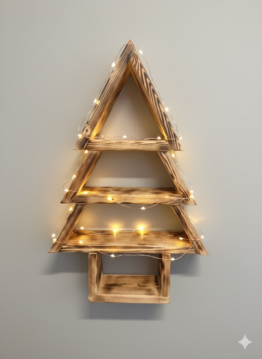 Handmade Wooden Christmas Tree Shelf, Xmas Wall Mounted Rustic Decor, Triangle Tiered Display, Christmas Ornament Holder, Unique Xmas Gift