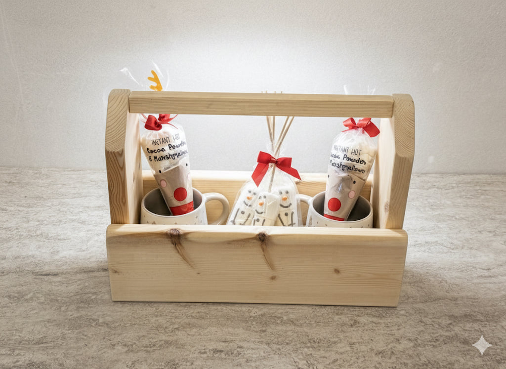 Redwood indoor timber festive hot chocolate caddy/ snack caddy - ideal Christmas gift or Xmas eve box.