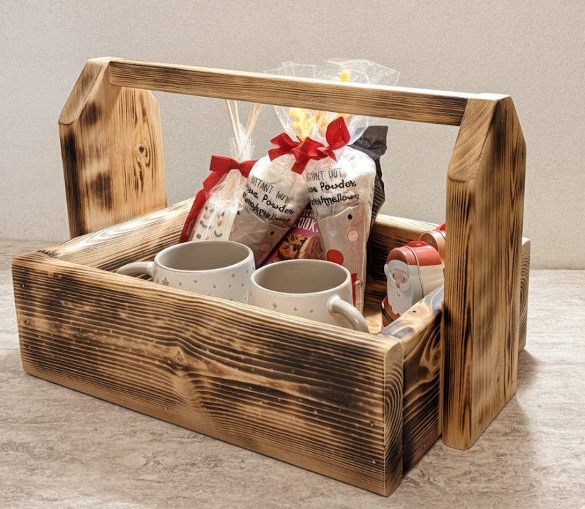 Redwood indoor timber festive hot chocolate caddy/ snack caddy - ideal Christmas gift or Xmas eve box.