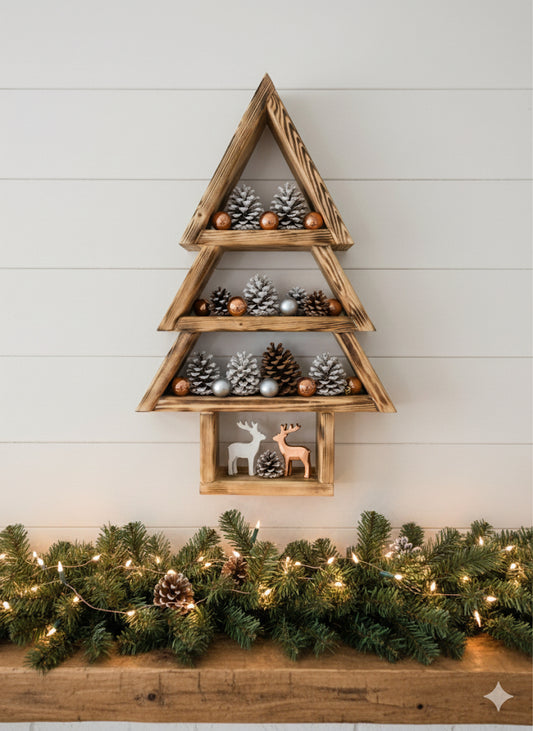 Handmade Wooden Christmas Tree Shelf, Xmas Wall Mounted Rustic Decor, Triangle Tiered Display, Christmas Ornament Holder, Unique Xmas Gift