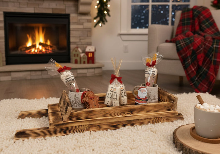 Sleigh style gift hamper base / serving tray, hot chocolate tray - Xmas table centre piece/ festive decor.