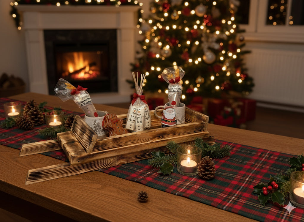 Sleigh style serving tray, hot chocolate tray, gift hamper base - Xmas table centre piece/ festive decor.