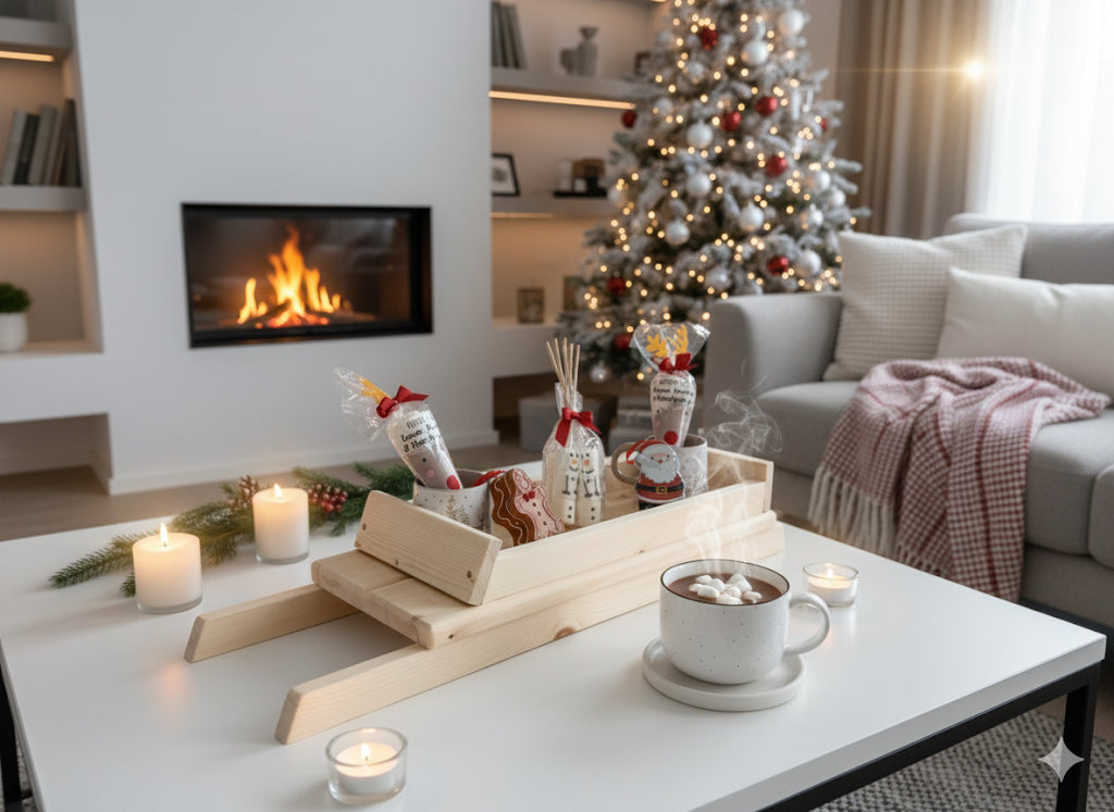 Sleigh style serving tray, hot chocolate tray, gift hamper base - Xmas table centre piece/ festive decor.