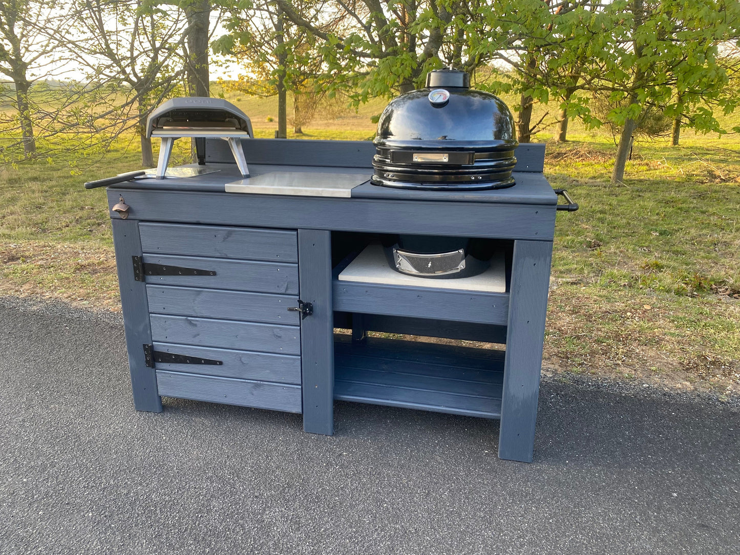 Kamado table with storage, BGE, BBQ and pizza table with storage cupboard, outdoor cooking table
