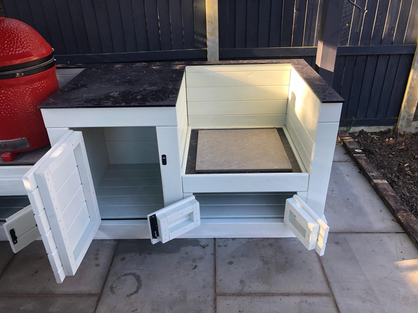 Kamado/ egg table with storage cupboards, wood or compact laminate worktop, outdoor kamado/ egg storage unit with wipeable surface/ worktop.