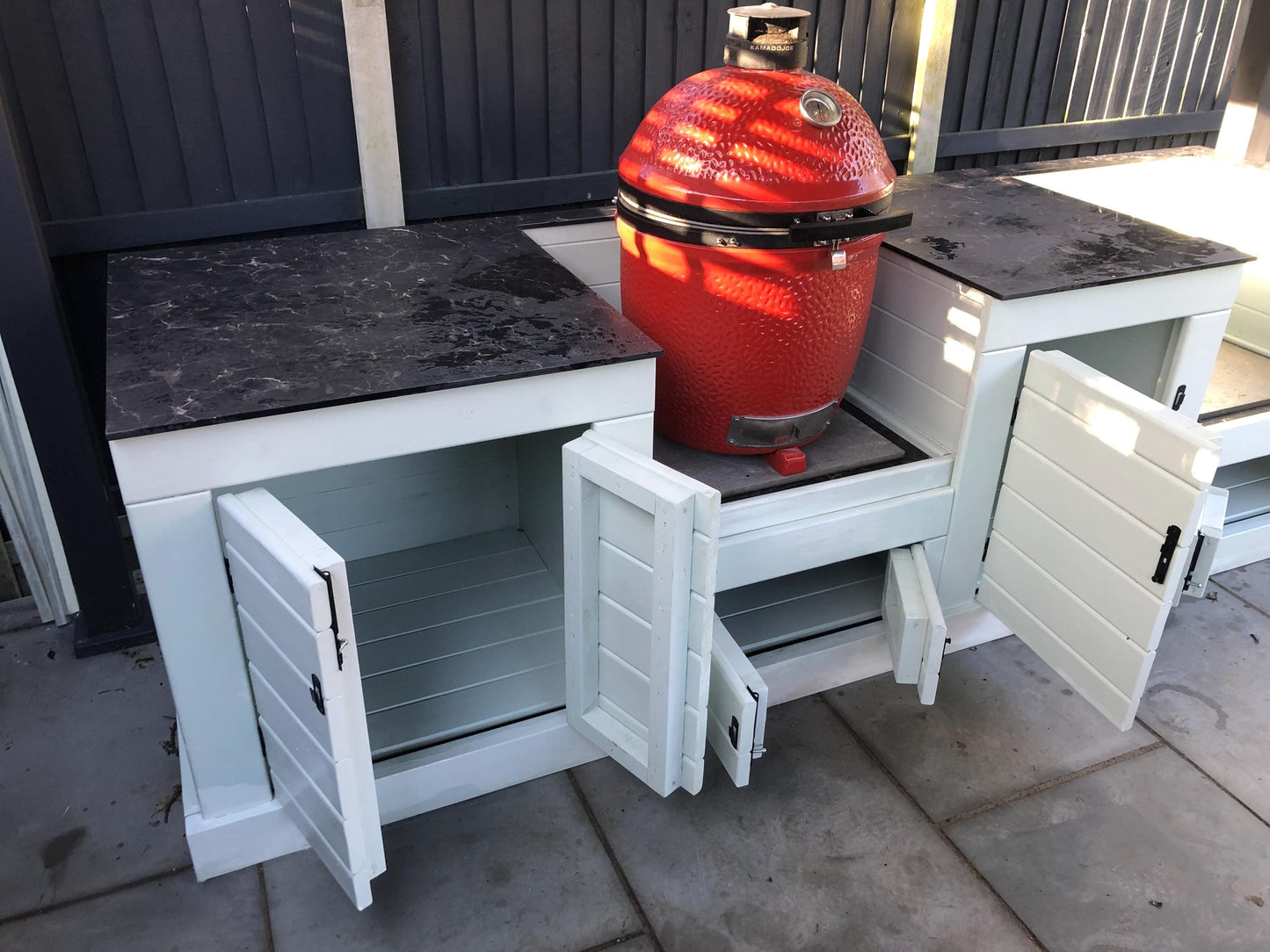 Kamado/ egg table with storage cupboards, wood or compact laminate worktop, outdoor kamado/ egg storage unit with wipeable surface/ worktop.