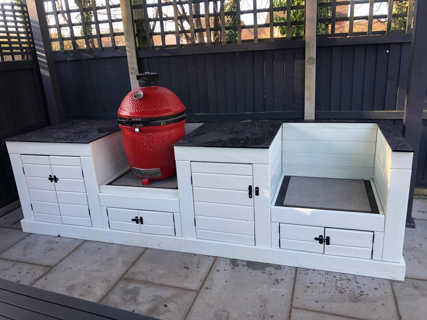 Kamado/ egg table with storage cupboards, wood or compact laminate worktop, outdoor kamado/ egg storage unit with wipeable surface/ worktop.