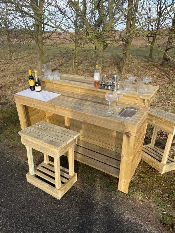Outdoor cocktail bar, bbq server, drinks bar with stools