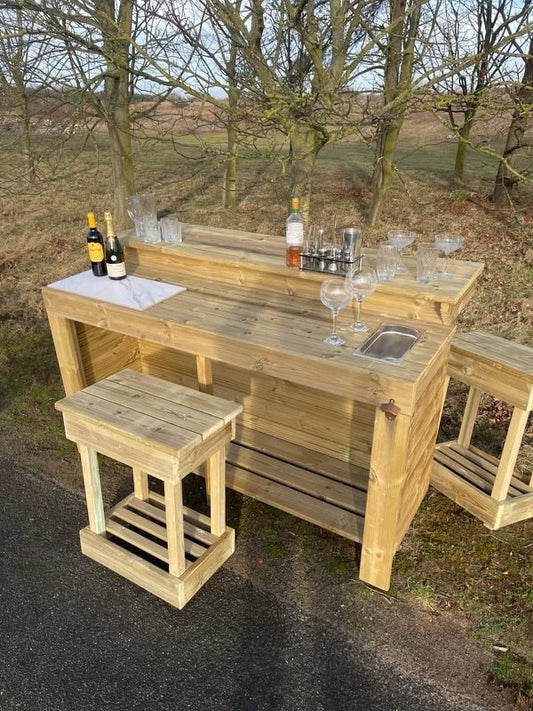 Outdoor cocktail bar, bbq server, drinks bar with stools