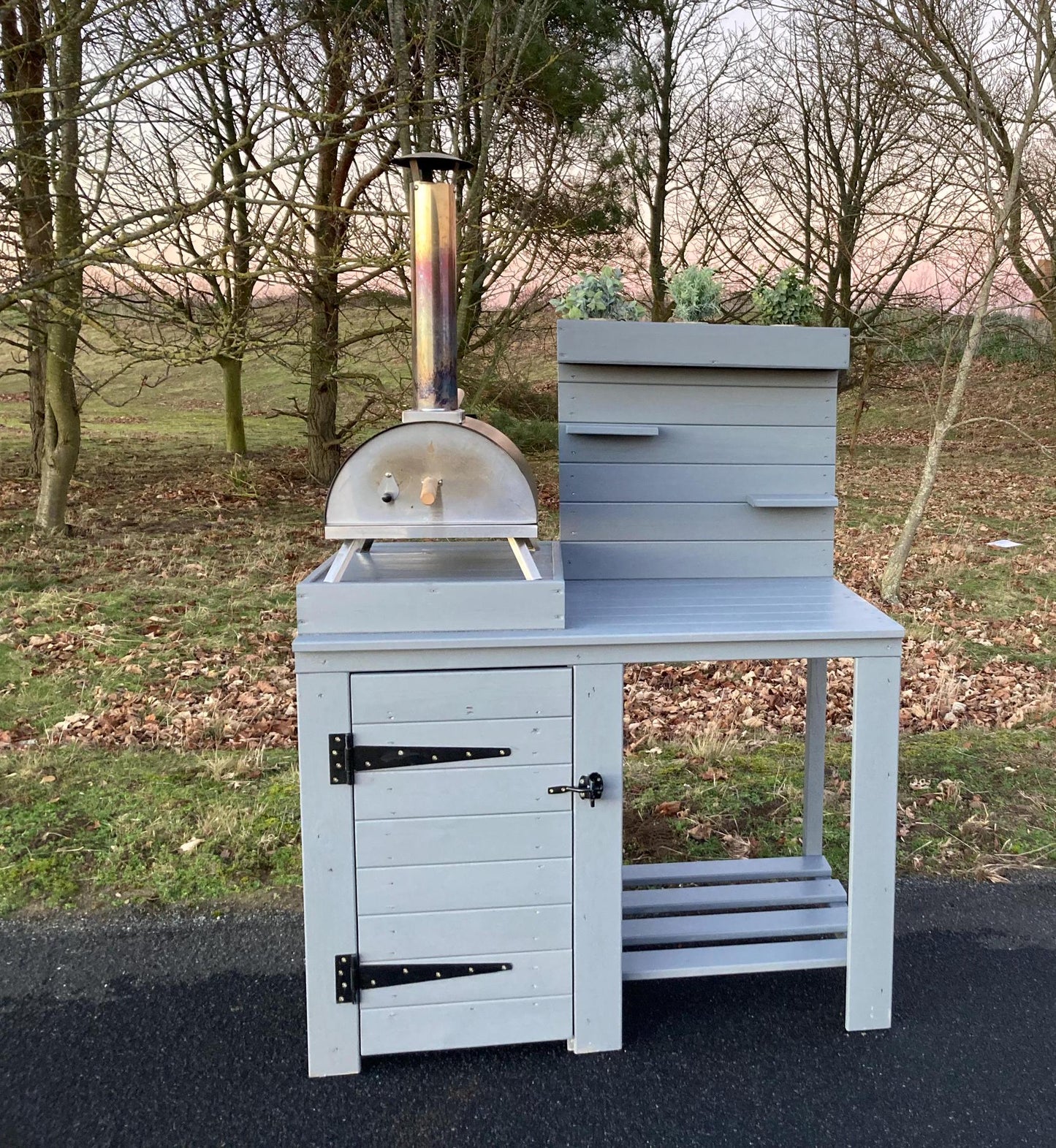 Pizza Table/ Drinks table/ BBQ table with planter top and single cupboard