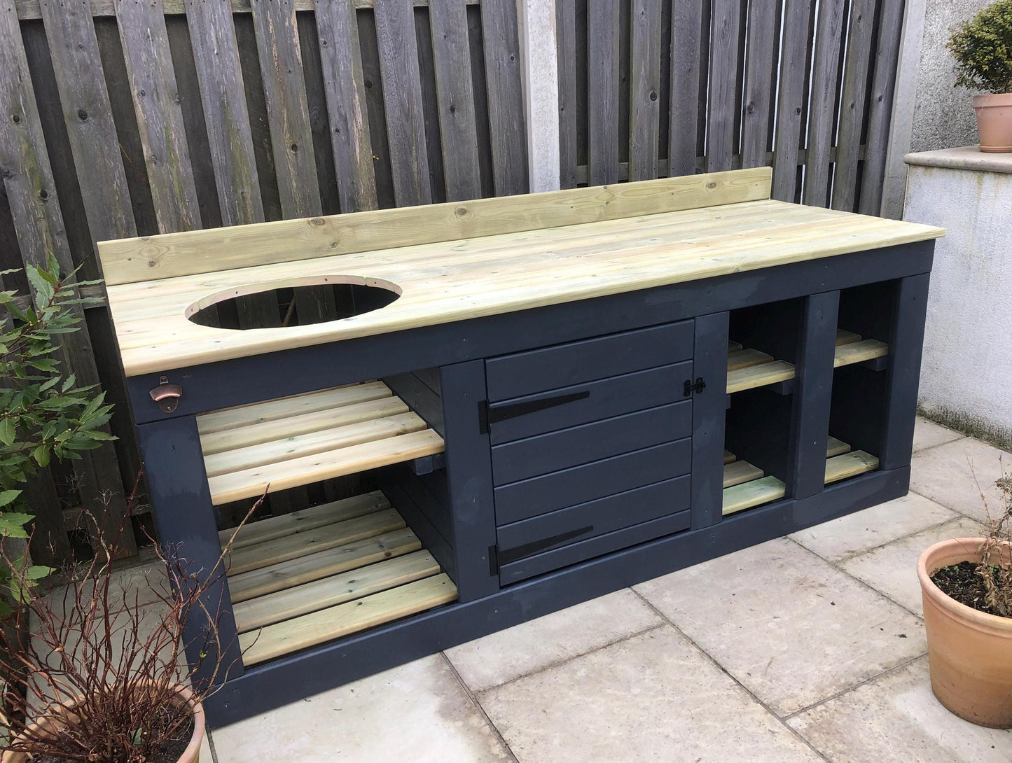 Kamado/ egg table with storage, 2 tone paint, bbq table, kamado, bbq cupboard/ shelf storage unit.