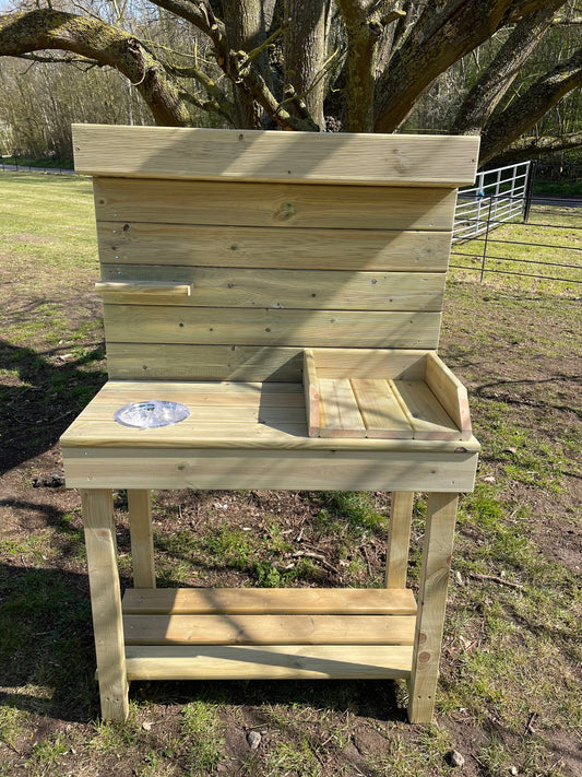 Potting table with planter top and potting tray and metal bowl for seeds/ soil
