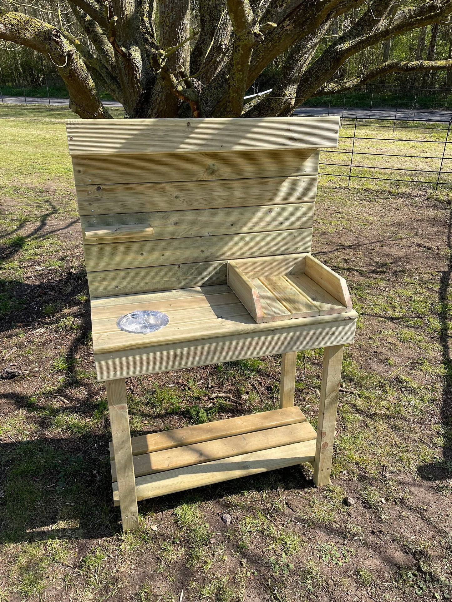 Potting table with planter top and potting tray and metal bowl for seeds/ soil