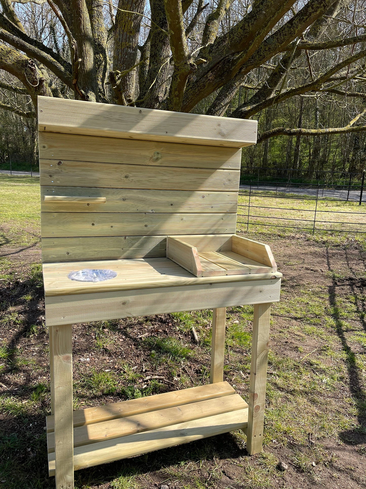 Potting table with planter top and potting tray and metal bowl for seeds/ soil