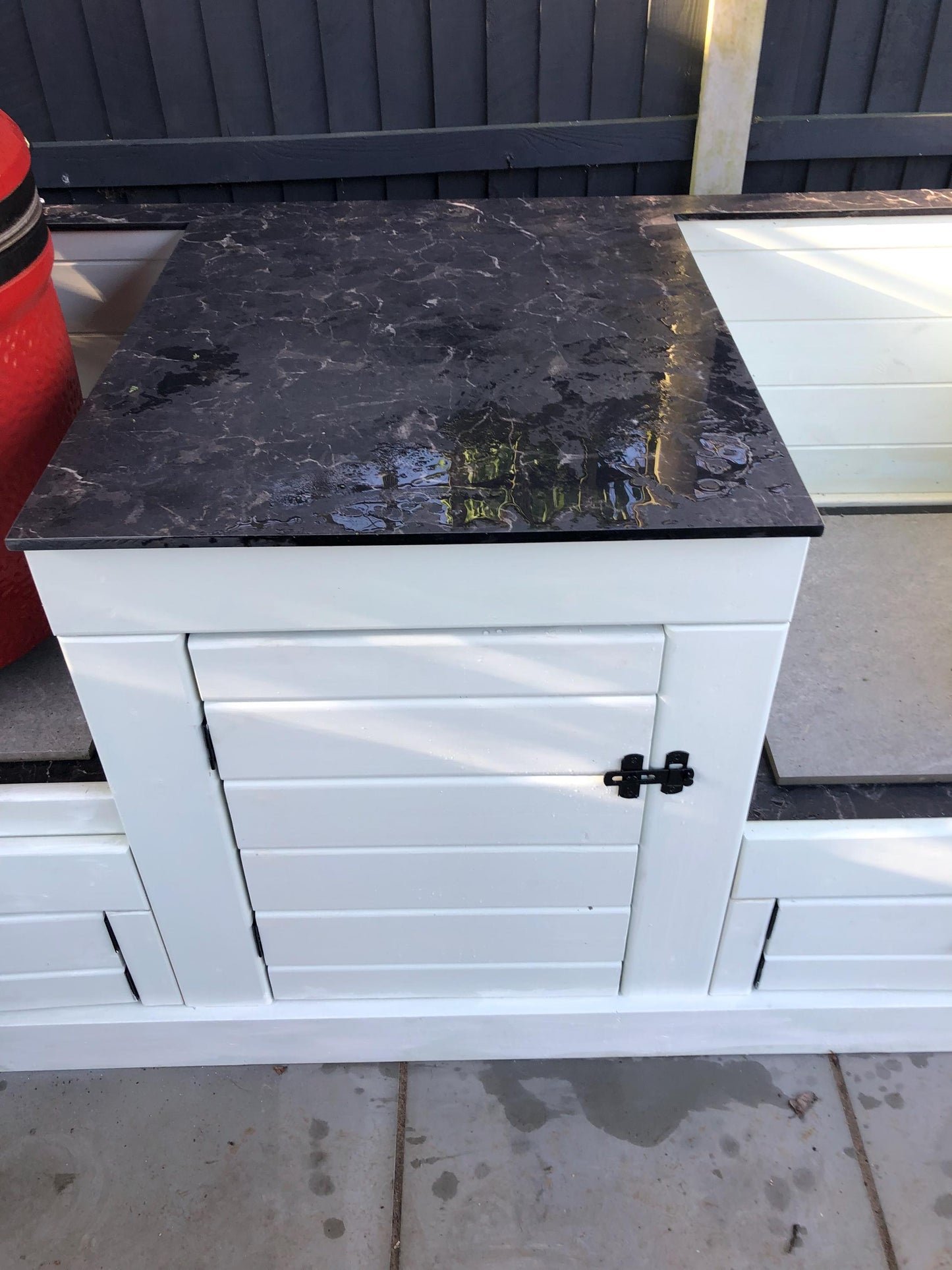 Kamado/ egg table with storage cupboards, wood or compact laminate worktop, outdoor kamado/ egg storage unit with wipeable surface/ worktop.