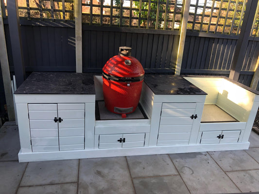 Kamado/ egg table with storage cupboards, wood or compact laminate worktop, outdoor kamado/ egg storage unit with wipeable surface/ worktop.