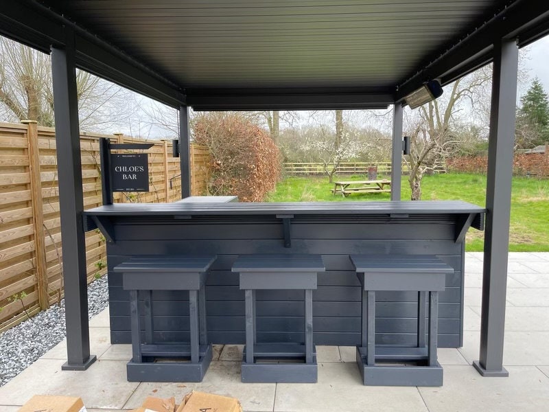 Modular corner drinks bar, pizza bbq table with stools