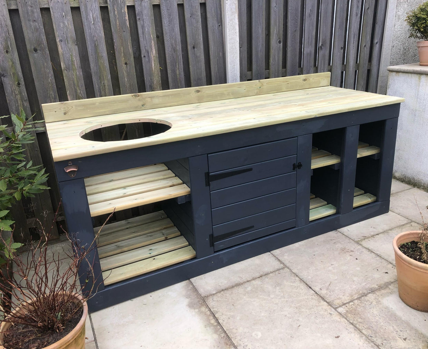 Kamado/ egg table with storage, 2 tone paint, bbq table, kamado, bbq cupboard/ shelf storage unit.