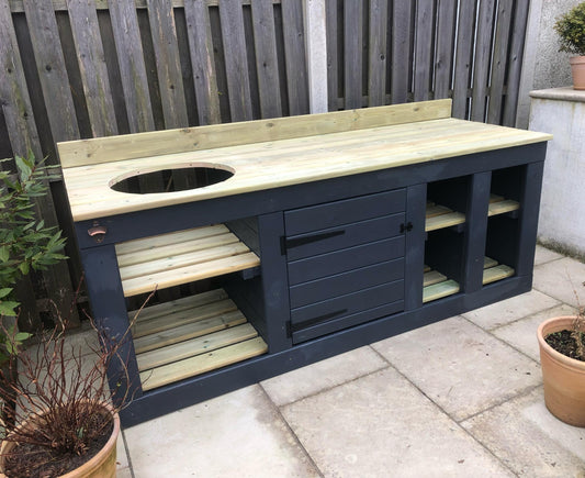 Kamado/ egg table with storage, 2 tone paint, bbq table, kamado, bbq cupboard/ shelf storage unit.