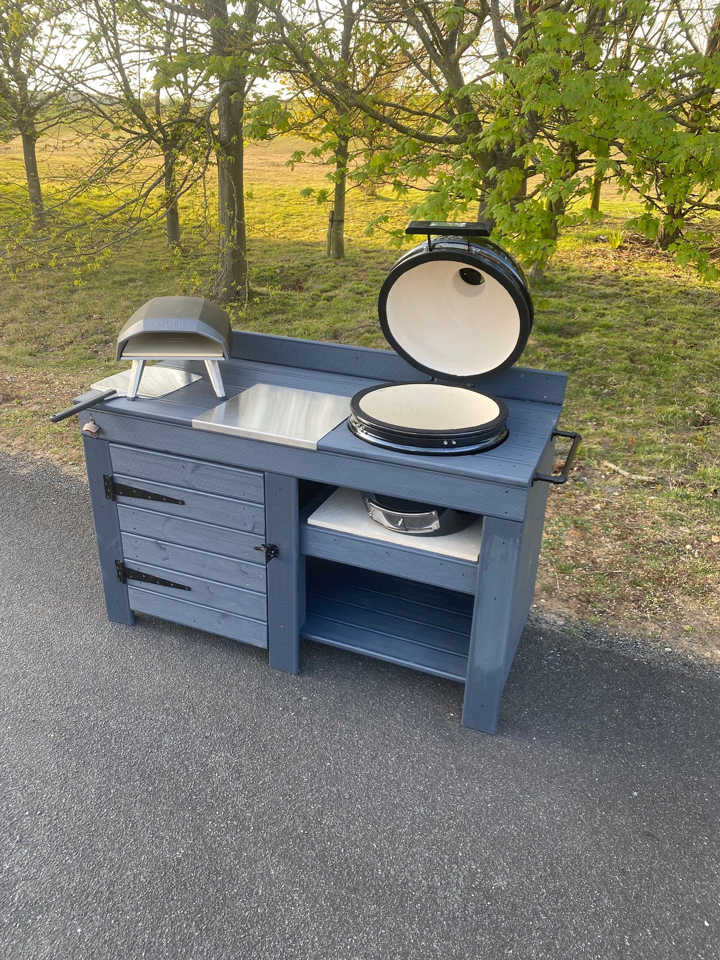 Kamado table with storage, BGE, BBQ and pizza table with storage cupboard, outdoor cooking table