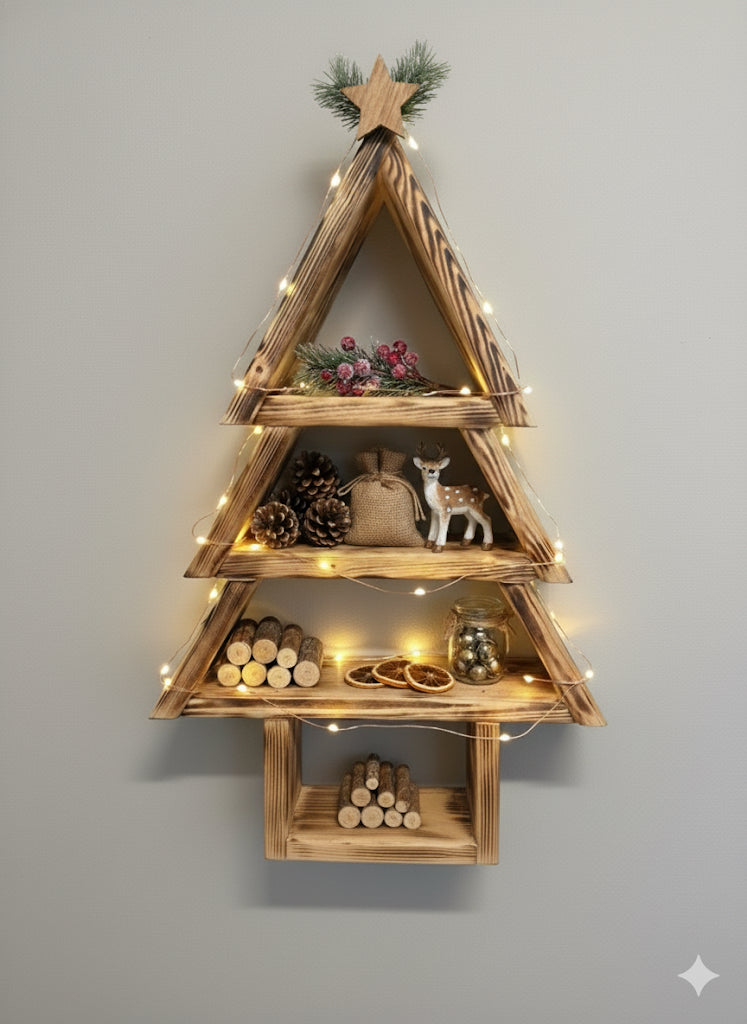 Handmade Wooden Christmas Tree Shelf, Xmas Wall Mounted Rustic Decor, Triangle Tiered Display, Christmas Ornament Holder, Unique Xmas Gift