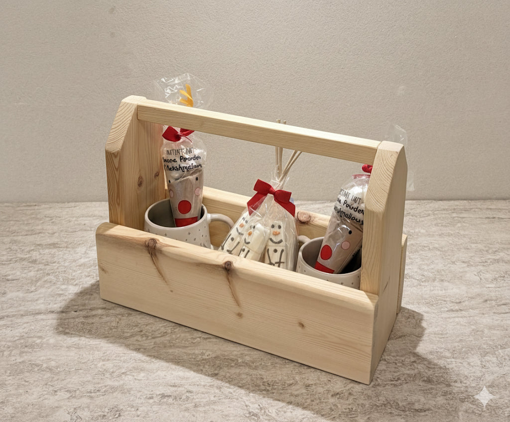 Redwood indoor timber festive hot chocolate caddy/ snack caddy - ideal Christmas gift or Xmas eve box.