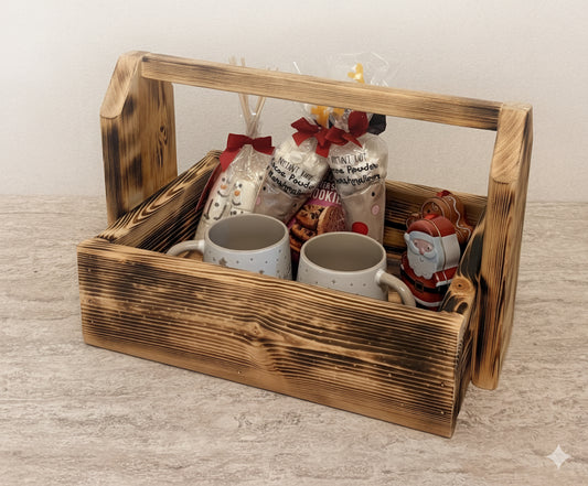 Redwood indoor timber festive hot chocolate caddy/ snack caddy - ideal Christmas gift or Xmas eve box.