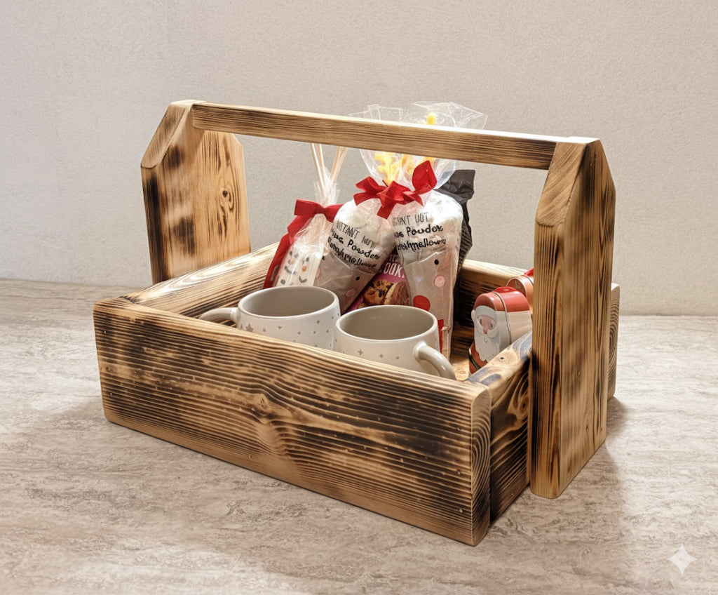 Redwood indoor timber festive hot chocolate caddy/ snack caddy - ideal Christmas gift or Xmas eve box.