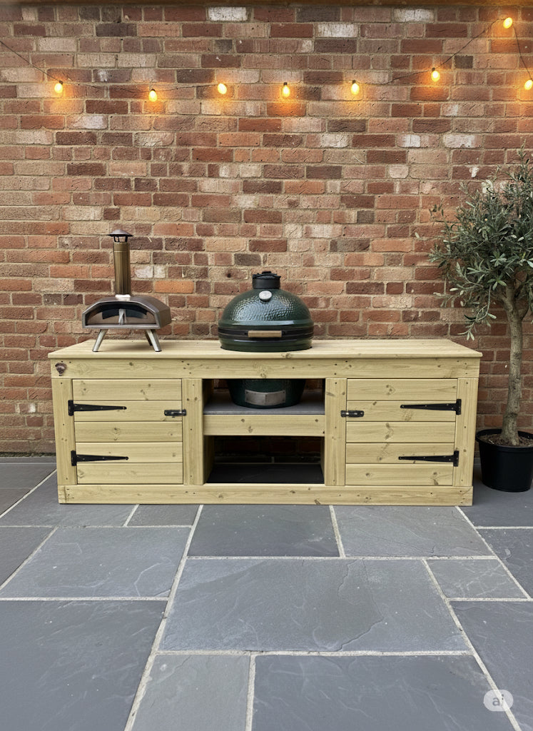Kamado, BGE, Greenline, Boss Grill Table with twin built in cupboards