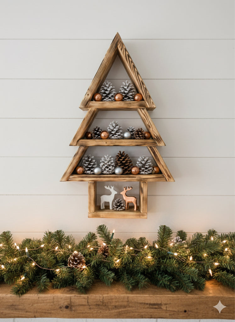 Handmade Wooden Christmas Tree Shelf, Xmas Wall Mounted Rustic Decor, Triangle Tiered Display, Christmas Ornament Holder, Unique Xmas Gift