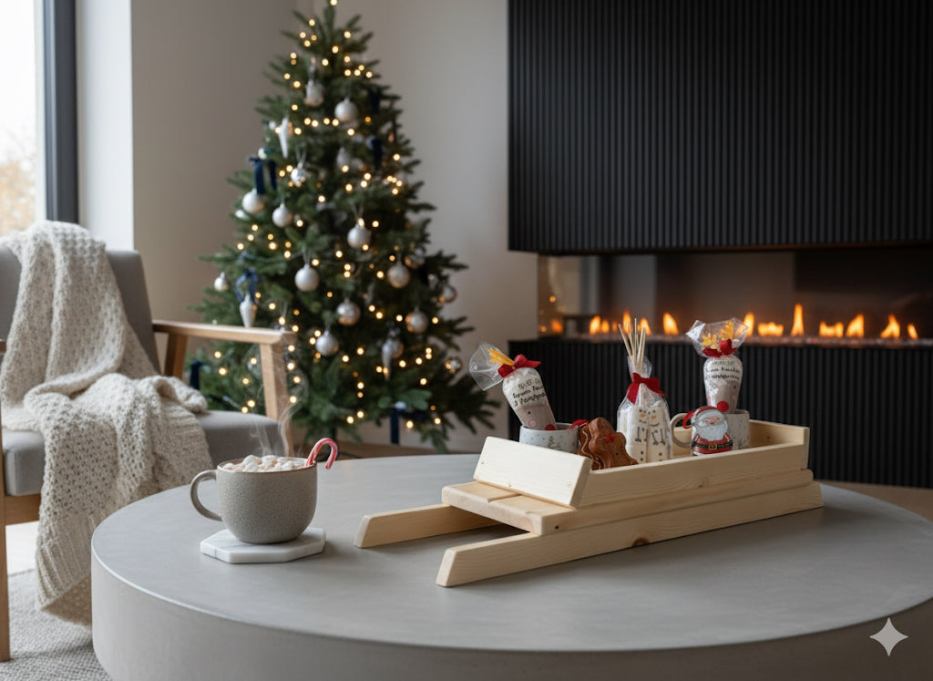 Sleigh style serving tray, hot chocolate tray, gift hamper base - Xmas table centre piece/ festive decor.