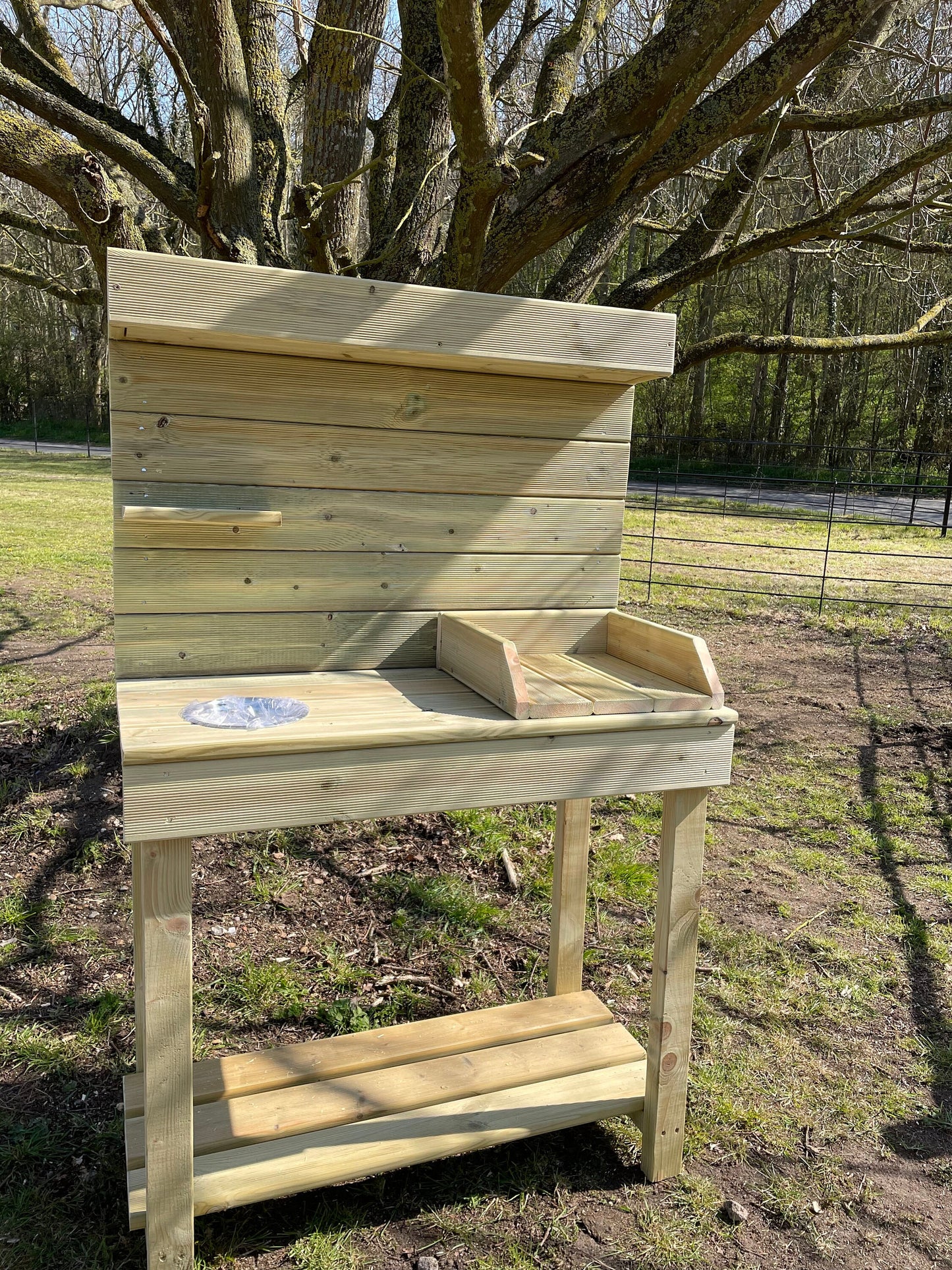 Potting table with planter top and potting tray and metal bowl for seeds/ soil