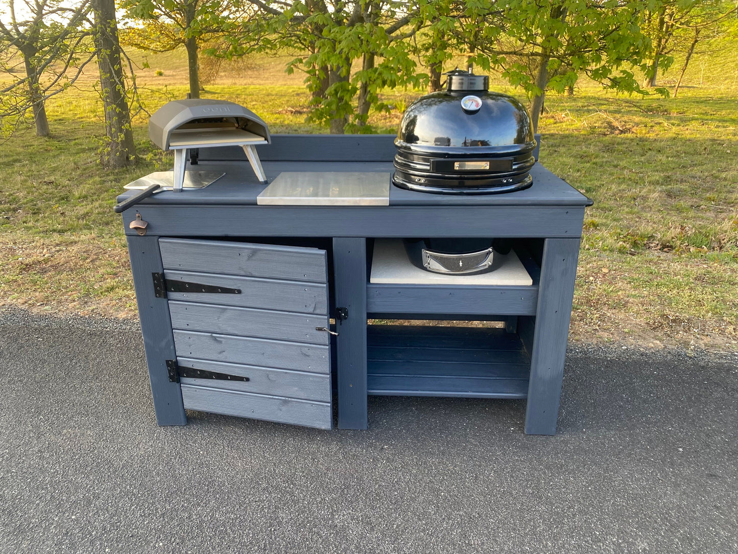 Kamado table with storage, BGE, BBQ and pizza table with storage cupboard, outdoor cooking table