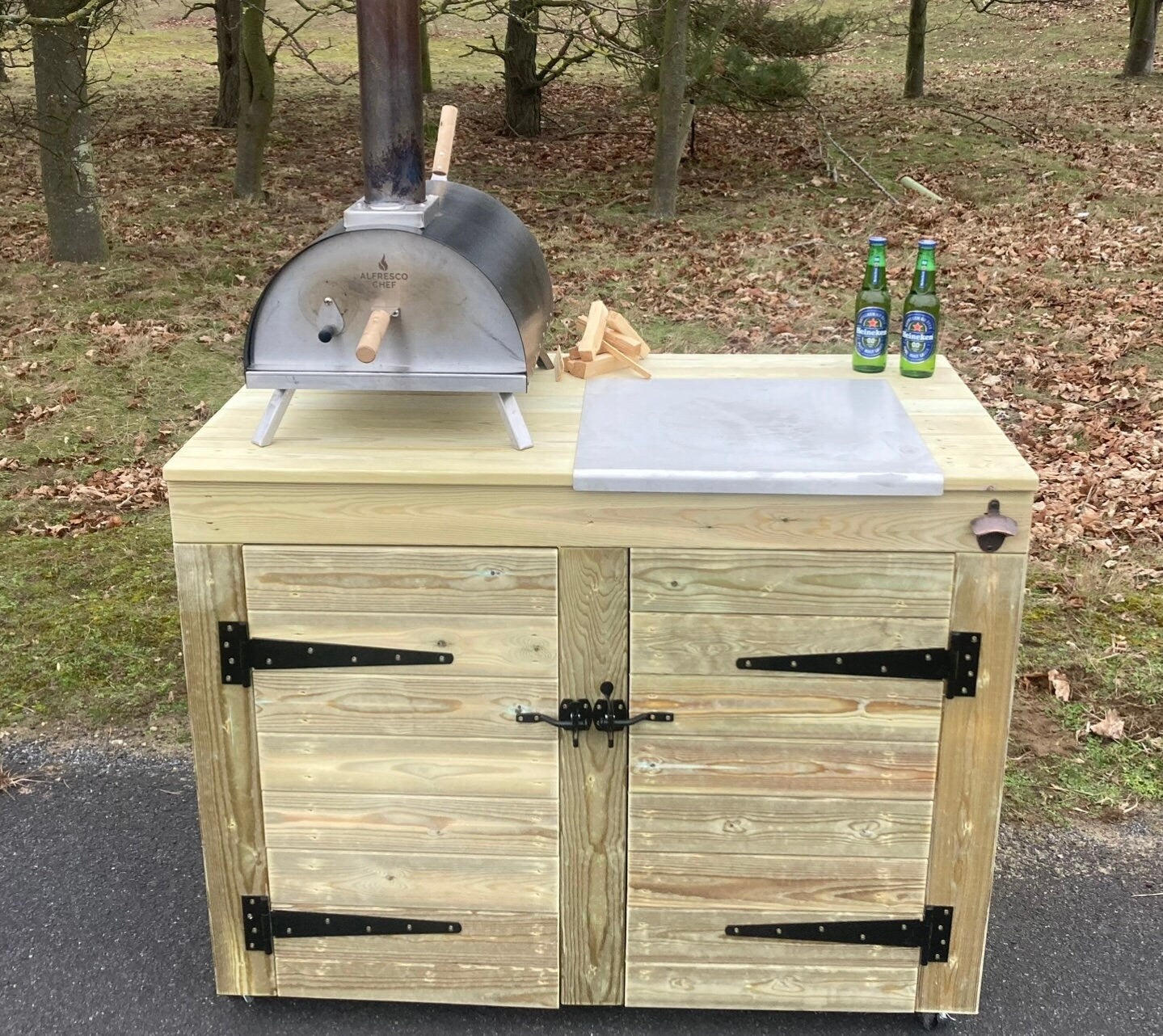 Pizza table with build in storage cupboards / Outdoor drinks bar with built in storage cupboards