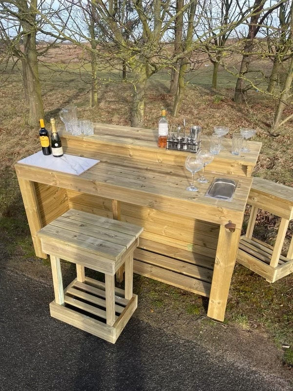 Outdoor cocktail bar, bbq server, drinks bar with stools