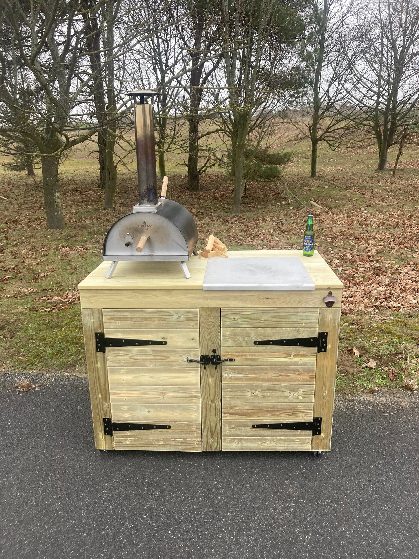 Pizza table with build in storage cupboards / Outdoor drinks bar with built in storage cupboards